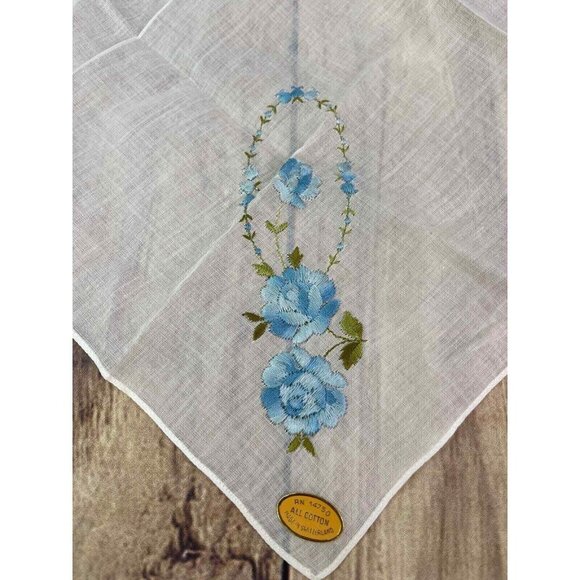 Vintage Handkerchief Embroidered Blue Flowers Switzerland Hankie Wedding - Picture 2 of 5